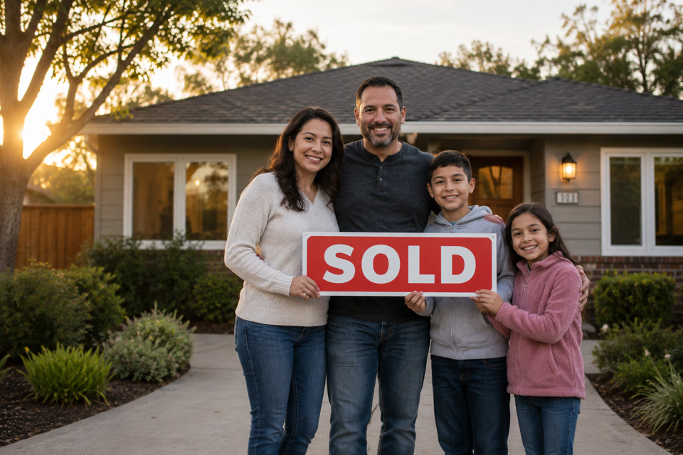 Family holding a SOLD sign